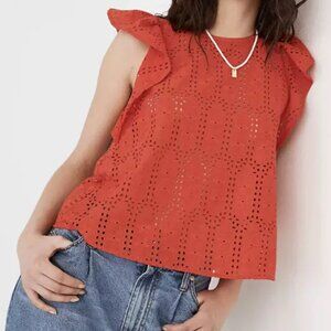 Madewell Eyelet Ruffle Strap Tank Top Orange Red MSRP $75